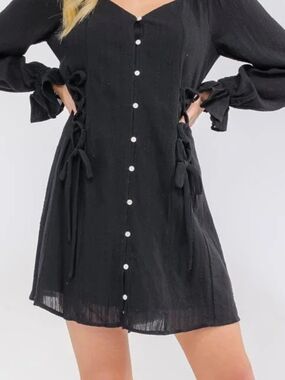 Peach Love California Black Button-Front Tie Mini Dress